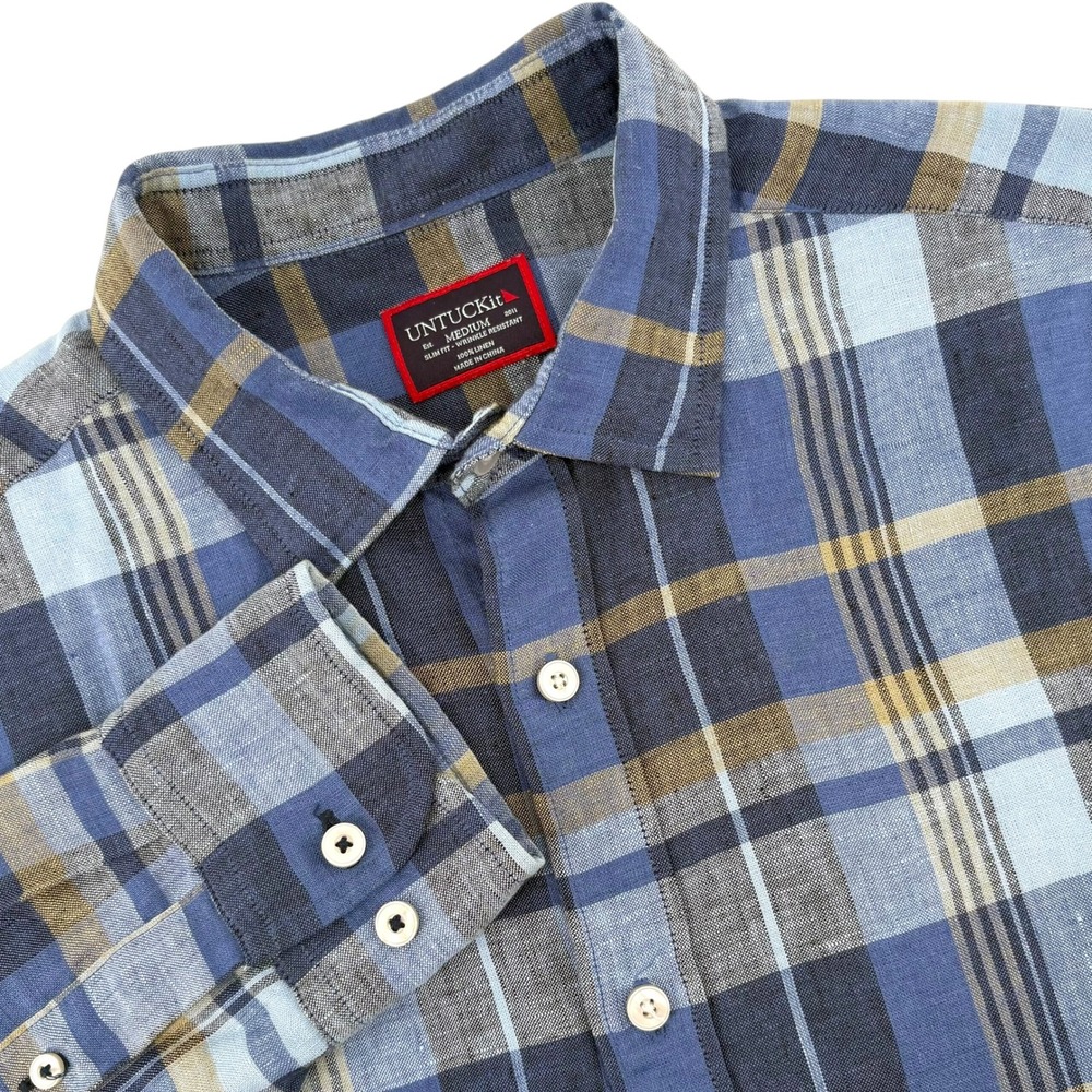 UNTUCKit Tribuno-WR Blue Plaid Linen Shirt Slim Fit Mens Medium 41118